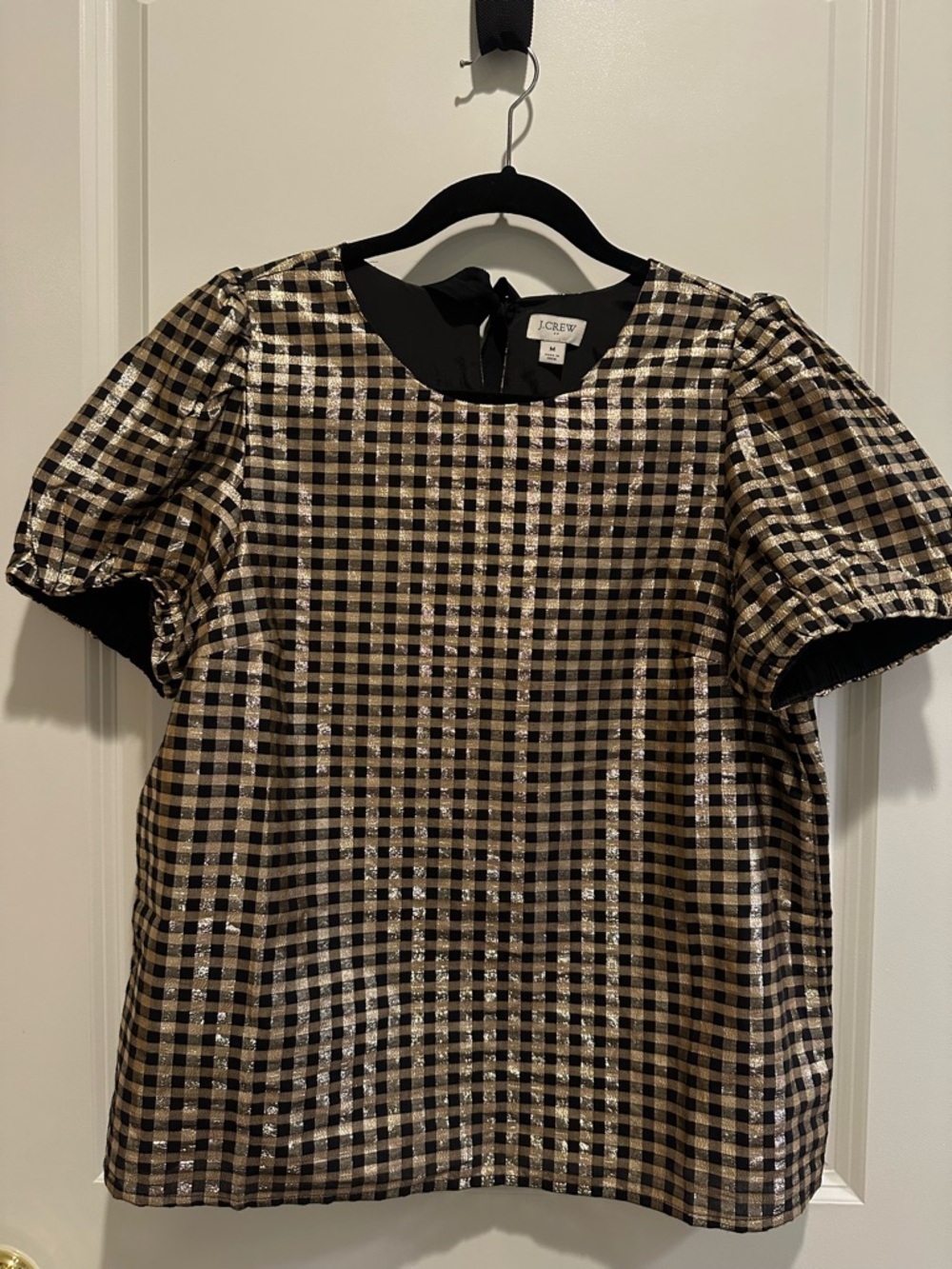 J. Crew Black and Gold Gingham Puff-Sleeve Top